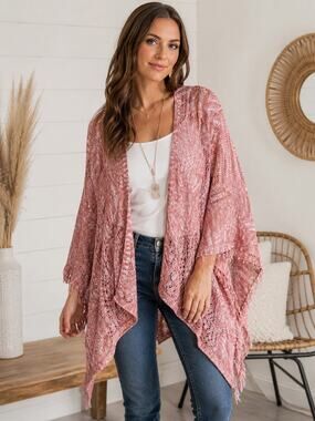 Bongo Pink White Open Knit Fringe Poncho Shawl Cardigan Boho Festival Size L
